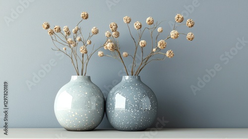 A modern ceramic vase with a smooth glaze, holding minimalist dried floral arrangements