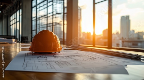 Construction Helmet Resting on Blueprints in a Modern Office Space During Day...
