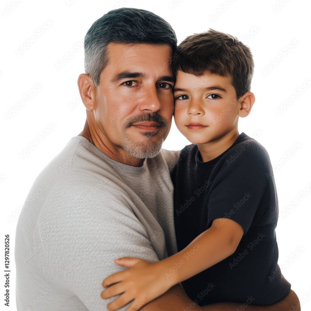 Portrait of middle-aged Hispanic man with short grey hair and goatee, wearing t-shirt and hugging young boy in black shirt. Isolated transparent background. Portrait of middle-aged Hispanic man with short grey hair and goatee, wearing t-shirt and hugging young boy in black shirt. Isolated transparent background.