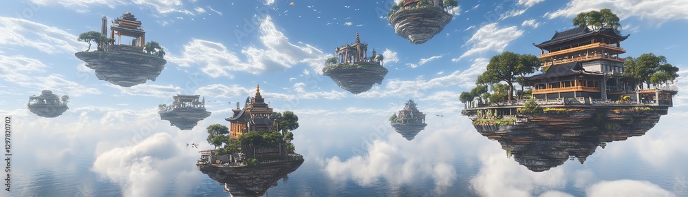 Floating islands with lush greenery and unique architecture against a blue sky. Floating islands with lush greenery and unique architecture against a blue sky.