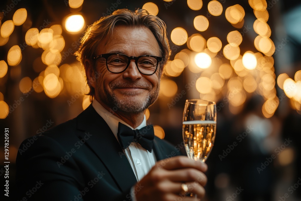 Sylvester New Year's Eve Party with Funny Red Squirrel in Suit and Bow Tie, Holding Champagne Glass, Fireworks in Background Sylvester New Year's Eve Party with Funny Red Squirrel in Suit and Bow Tie, Holding Champagne Glass, Fireworks in Background