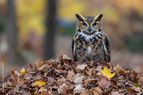 Owl Perched on a Mound of Colorful Autumn Leaves in a Forest Setting During a...