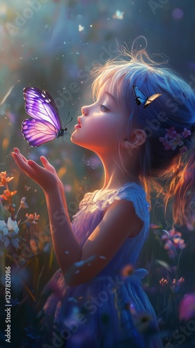 Little Girl Interacts With Colorful Butterflies in a Dreamy Flower Garden Dur...