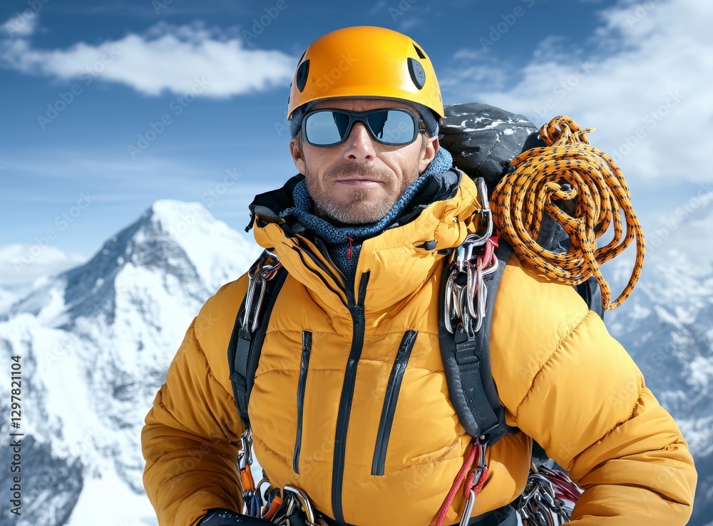 Mountaineer in Yellow Jacket Conquering Snowy Mountain Peak