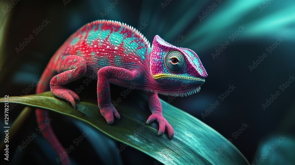 Fototapeta premium A chameleon adjusts its colors on a leafy branch, with the vibrant transformation captured through macro photography