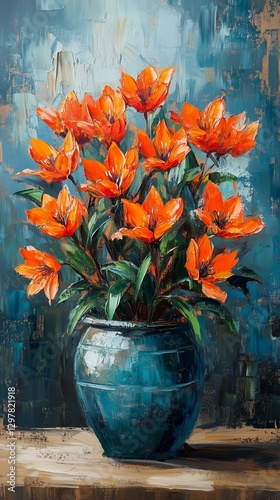 Bright Orange Flowers in a Ceramic Pot on a Light Background Ready to Brighte...