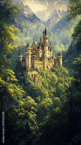 Beautiful Hillside Castle Surrounded by Lush Greenery in a Serene Landscape