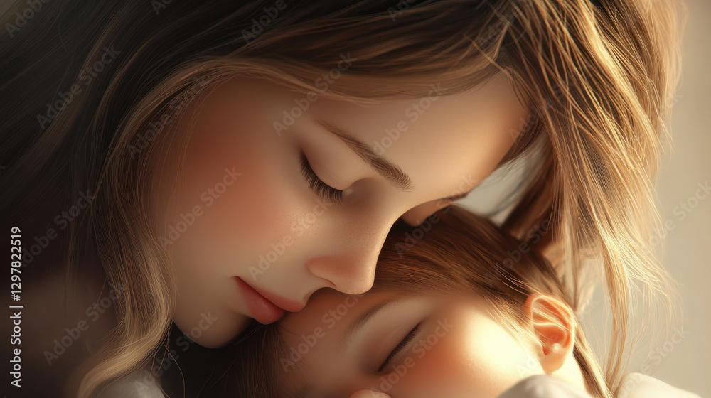 A tender close-up of a child's face resting against their mother's shoulder, capturing a moment of trust and warmth A tender close-up of a child's face resting against their mother's shoulder, capturing a moment of trust and warmth