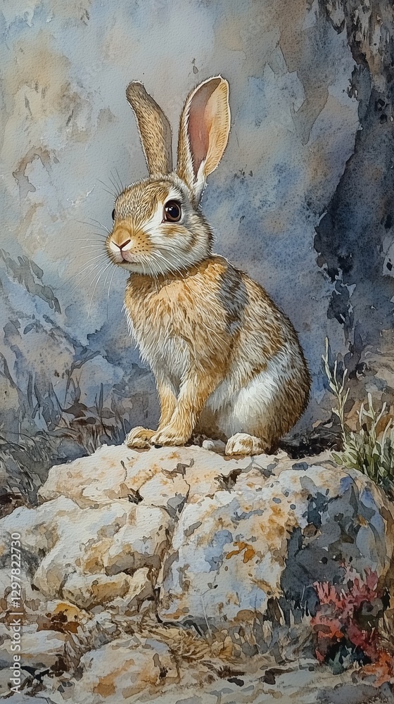 Fototapeta premium Brown Rabbit Sitting on a Rock in a Grassy Field During Daytime