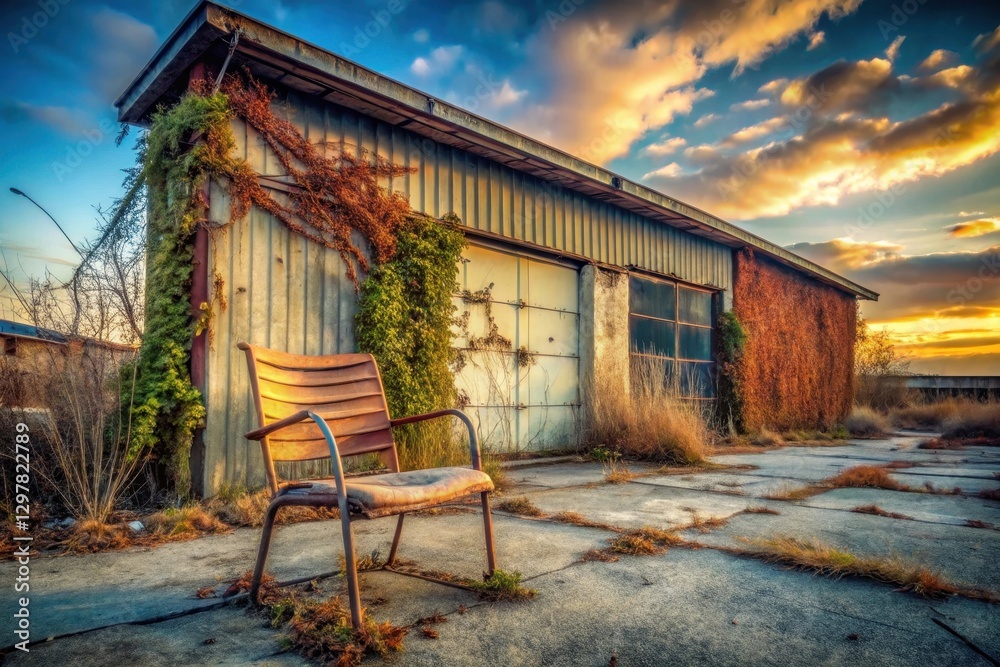 Rustic Chair by Abandoned Structure at Sunset, Overgrown with Autumn Vines and Wild Grasses Rustic Chair by Abandoned Structure at Sunset, Overgrown with Autumn Vines and Wild Grasses