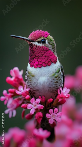 Colorful Hummingbird Perched on Vibrant Pink Flowers During Golden Hour in Na...