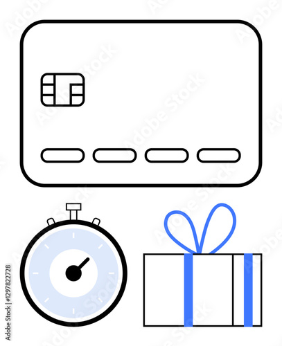 Credit card timer and gift box represent efficiency speed rewards, and convenience. Ideal for finance, shopping, time management, banking, online transactions, rewards programs, consumer