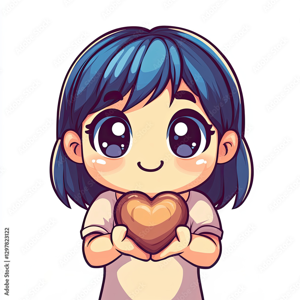 Cute chibi character holding chocolate heart, expressing joy and love Cute chibi character holding chocolate heart, expressing joy and love