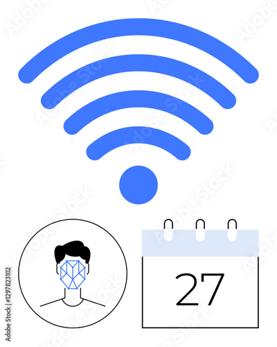 wireless signal icon, face with recognition grid, and calendar with date 27. Ideal for technology, biometrics, scheduling, wireless communication, smart devices, digital management abstract line