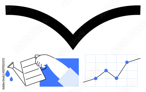 Droplet-filled watering can pouring water, hand nurturing growth, rising line graph, bold black arch symbolizing sustainability. Ideal for progress, strategy, growth, analysis, success innovation