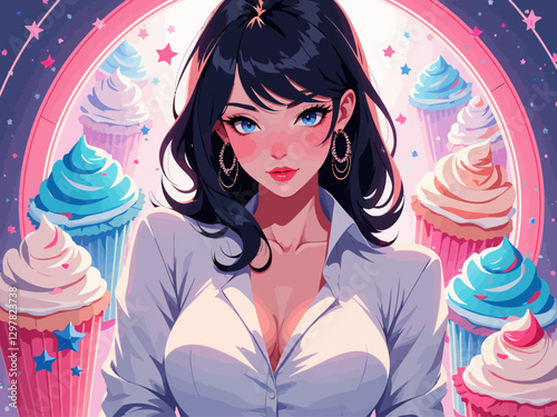 portrait up to knee, black-haired business woman with blue eyes, plump lips, chubby cheeks and body