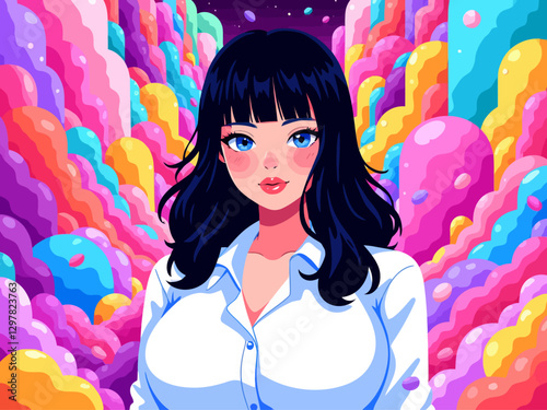 portrait up to knee, black-haired business woman with blue eyes, plump lips, chubby cheeks and body