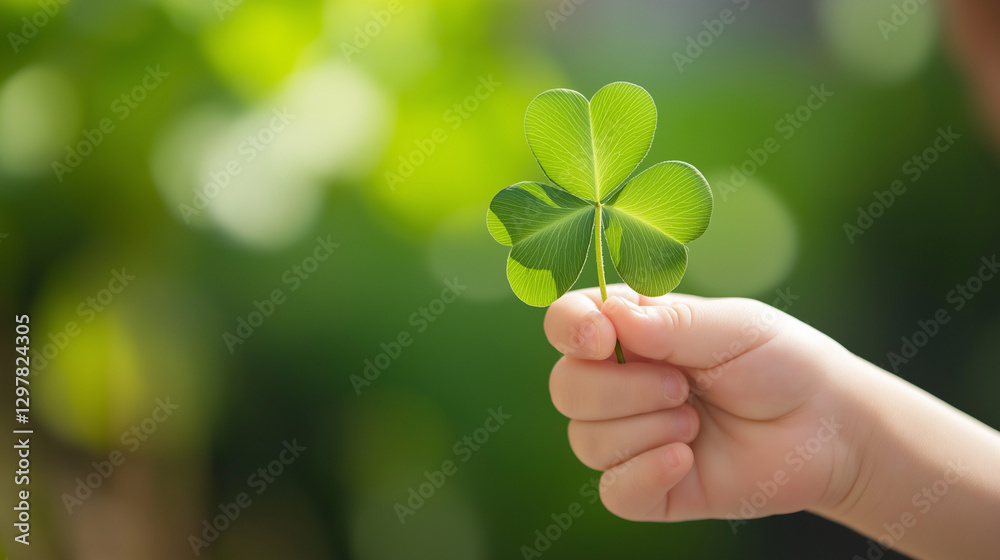 hand holding clover, close-up of a child's hand holding a clover, good luck hand holding clover, close-up of a child's hand holding a clover, good luck
