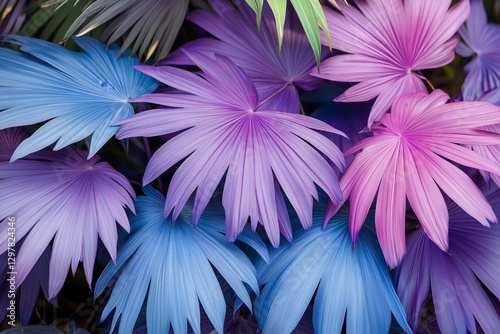 Colorful Leaves in Shades of Pink and Blue Arranged Artistically on a Dark Ba...
