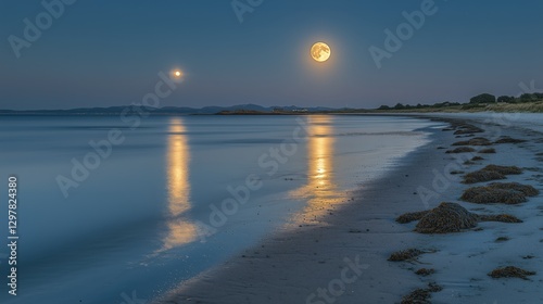 Stunning Twilight View of a Beach Under a Full Moon and Bright Planet Reflect...