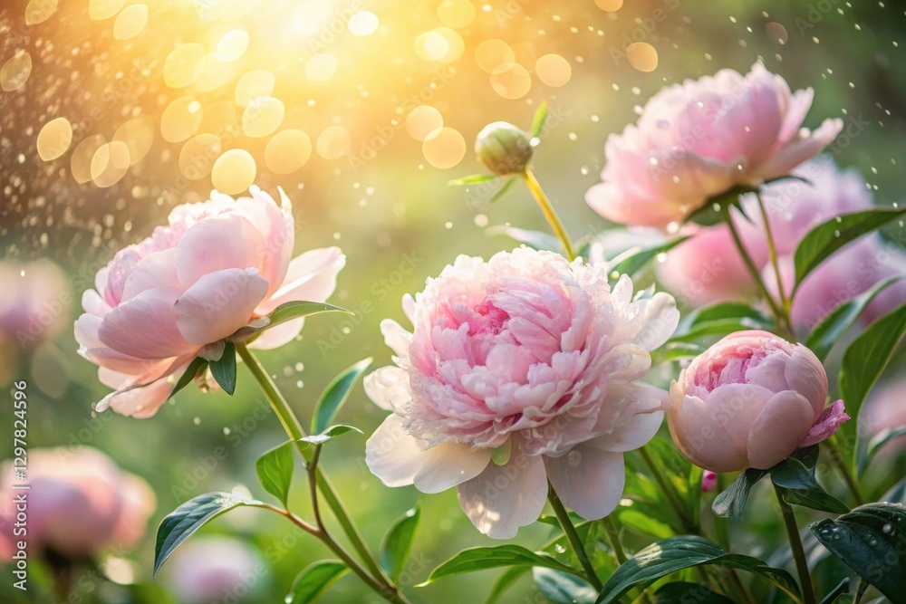 Obraz premium Sunlit Pink Peonies Blossom in Gentle Rain Shower, a Delicate Garden Scene