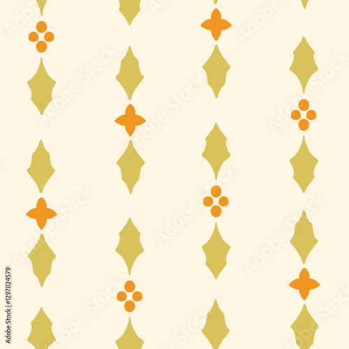 Decorative holly motifs arranged in stripes pattern in color palette of orange and green on a beige background. Christmas seamless vector pattern. Great for home decor, fabric, wallpaper, gift wrap.