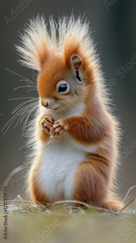 Cute Squirrel With Fluffy Fur Sits Calmly While Holding a Nut in Its Tiny Paws