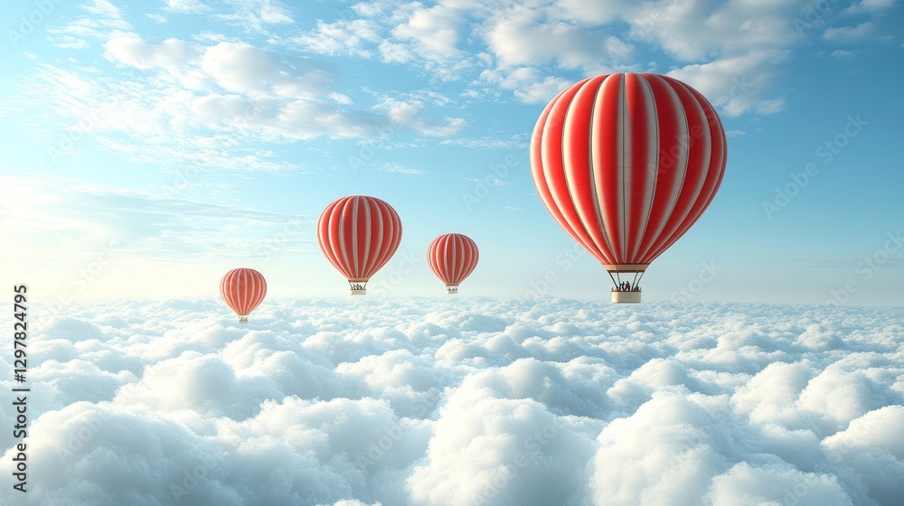 Naklejka premium Hot air balloons soaring over cumulus clouds scenic journey towards new horizons adventure and travel freedom of flight inspiration