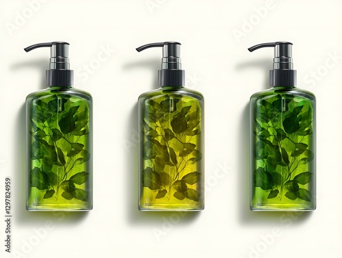 Herbal shampoo bottles, white background