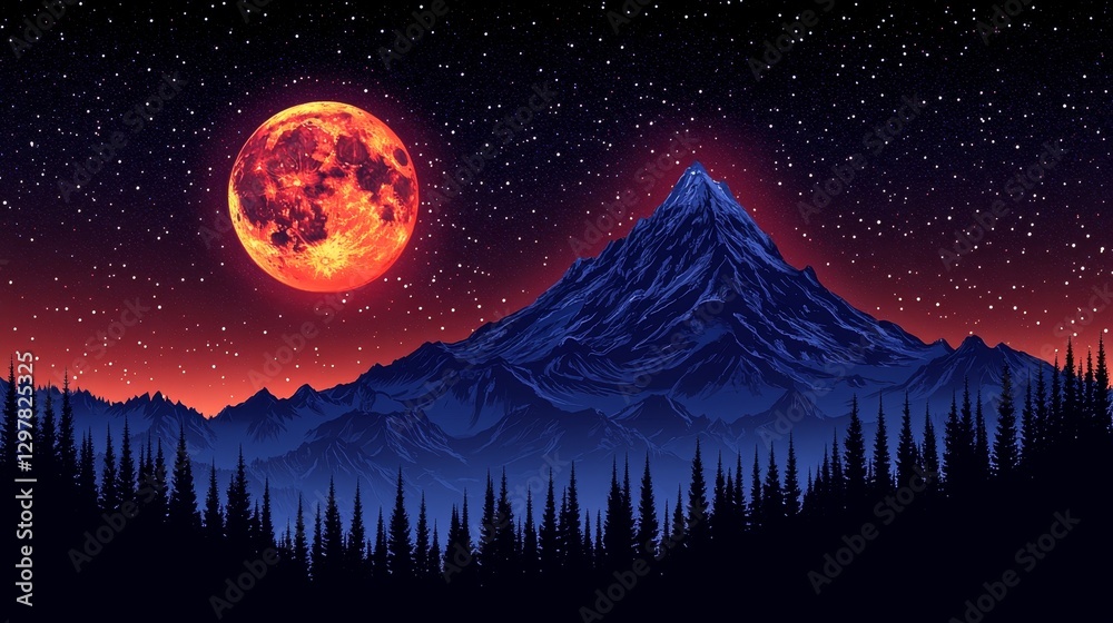 Fototapeta premium Pixelated mystic mountain landscape against starry night sky with an orange moon retro gaming vibe aesthetic wallpaper