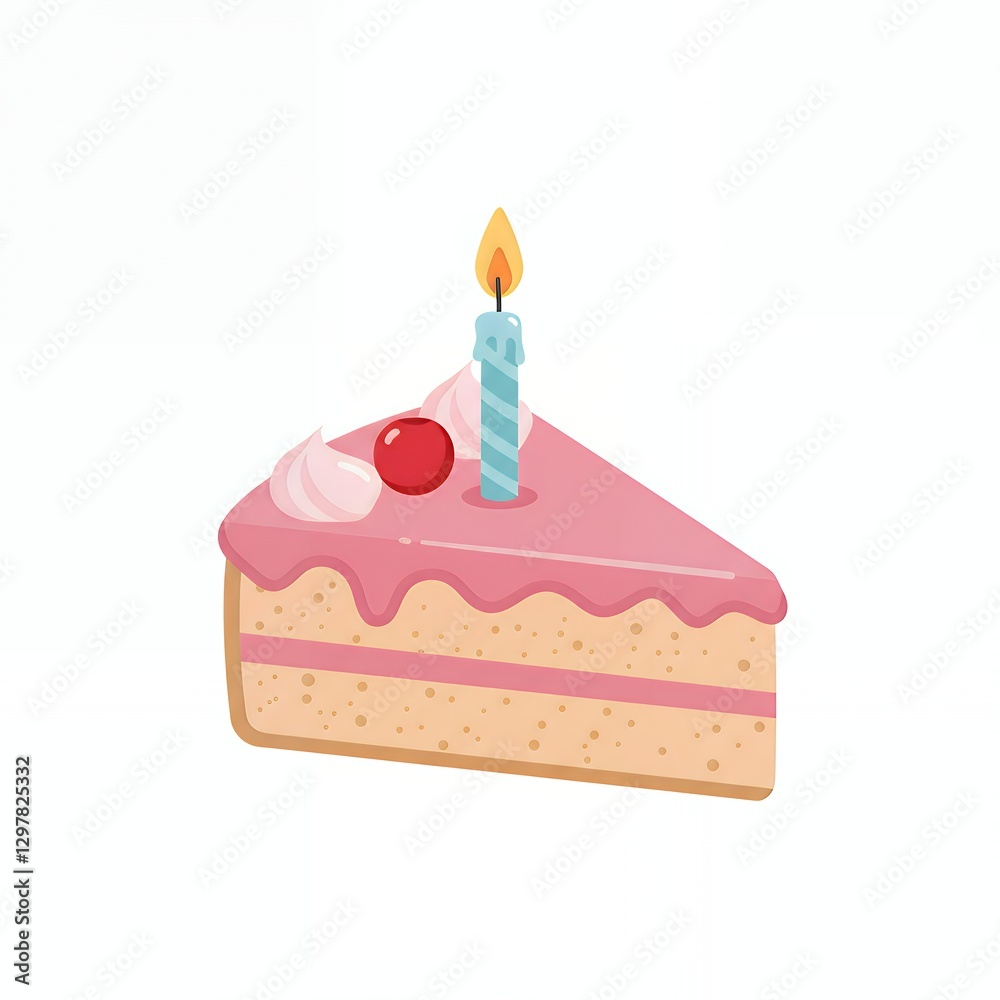 Delicious Slice of Cake with Candle, Pink Frosting and Cherry Delicious Slice of Cake with Candle, Pink Frosting and Cherry