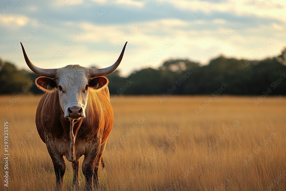 Longhorn Cow Standing in a Golden Field During Sunset Longhorn Cow Standing in a Golden Field During Sunset