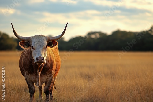 Longhorn Cow Standing in a Golden Field During Sunset