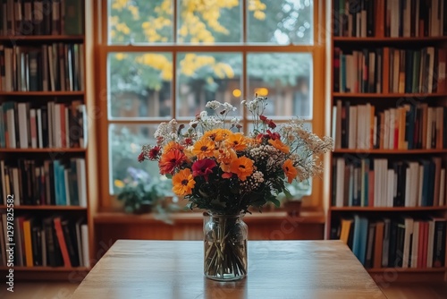 Colorful Flower Arrangement in a Cozy Library With Books and Large Windows