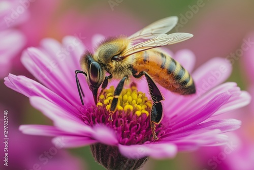 Bee Collecting Nectar From a Pink Flower in a Garden on a Sunny Day