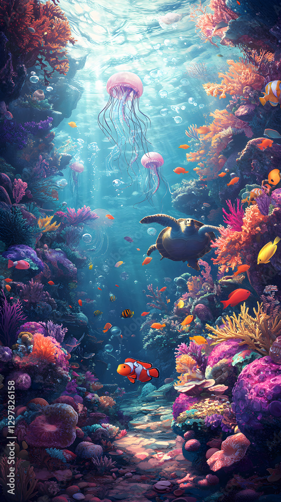 Naklejka premium Vibrant Underwater Paradise: A Lively Ecosystem Teeming with Sea Life and Coral Reefs