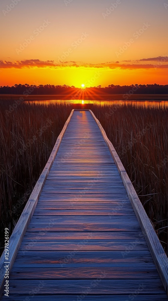 Obraz premium Sunset Over Calm Water as Wooden Path Leads Through Tall Grass at Evening