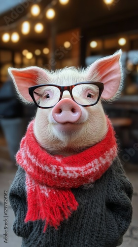 Pig Wearing Glasses and a Scarf at a Cozy Outdoor Setting During Autumn
