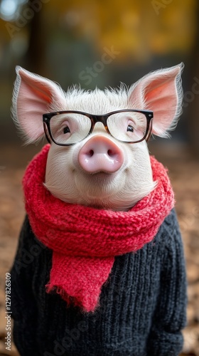 Pig Wearing Glasses and a Scarf at a Cozy Outdoor Setting During Autumn