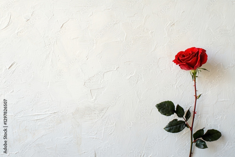 A single red rose with deep red petals and green leaves, elegantly placed on a soft, minimalist background, evoking romance and simplicity. A single red rose with deep red petals and green leaves, elegantly placed on a soft, minimalist background, evoking romance and simplicity.