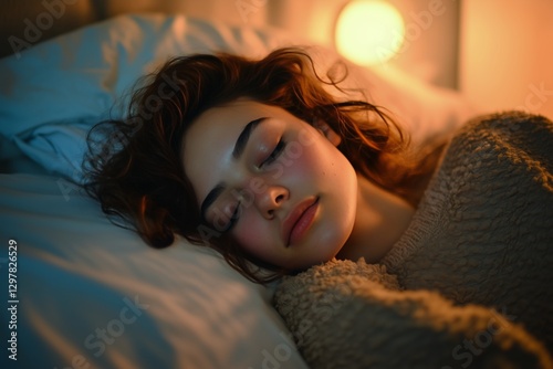 Peaceful Young Woman Sleeping Soundly in a Cozy Bedroom During Evening Hours
