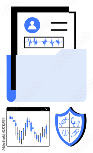 Documents inside folder with medical charts, security shield with medical symbols, and financial graph. Ideal for healthcare, data security, insurance, analytics, finance, administration technology