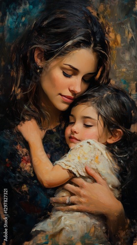 A Woman Holds Her Sleeping Daughter Lovingly, Surrounded by Vibrant Floral Pa...