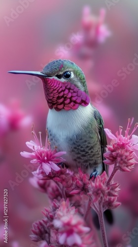 Colorful Hummingbird Perched on Vibrant Pink Flowers During Golden Hour in Na...