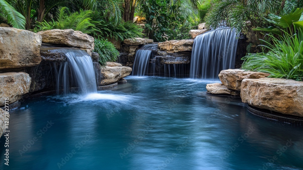 Naklejka premium A high-end pool with waterfalls, offering a backyard paradise in the Texas Hill Country