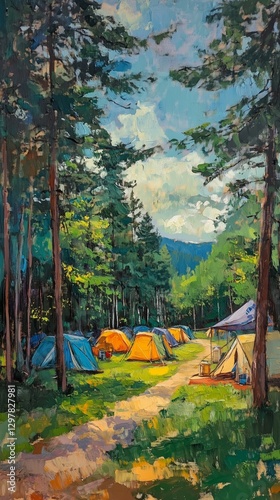 Colorful Tents Line a Path Through a Vibrant Forest During a Summer Camping T...