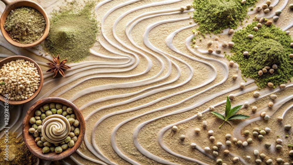 Obraz premium Serene arrangement of herbal powders and seeds in a calming landscape design