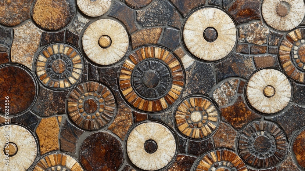 Decorate your project with these elegant brown and beige mosaic tiles featuring circular patterns. They're perfect for ceramics, tiles, ornaments, and more. Decorate your project with these elegant brown and beige mosaic tiles featuring circular patterns. They're perfect for ceramics, tiles, ornaments, and more.
