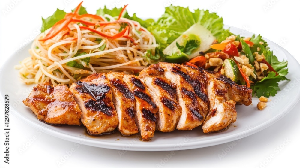 A plate of grilled chicken with a side of Som Tum, presented elegantly on a clean white background, showcasing the vibrant colors and appetizing presentation of the dish. A plate of grilled chicken with a side of Som Tum, presented elegantly on a clean white background, showcasing the vibrant colors and appetizing presentation of the dish.