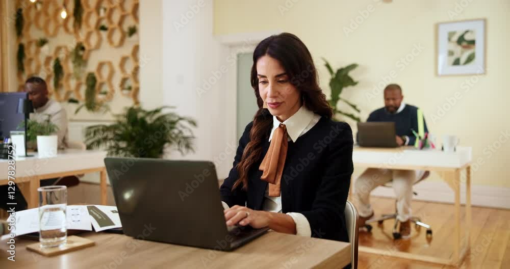 Woman, happy and typing with laptop in office, news and proofreading for creative agency. Review, mature person and journalist with digital for business story, editing blog or website for publication Woman, happy and typing with laptop in office, news and proofreading for creative agency. Review, mature person and journalist with digital for business story, editing blog or website for publication